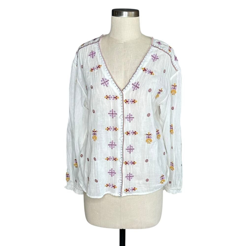 HOSS INTROPIA‎ Button Down V-Neck Blouse Women's Size 6 White Embroidered Boho